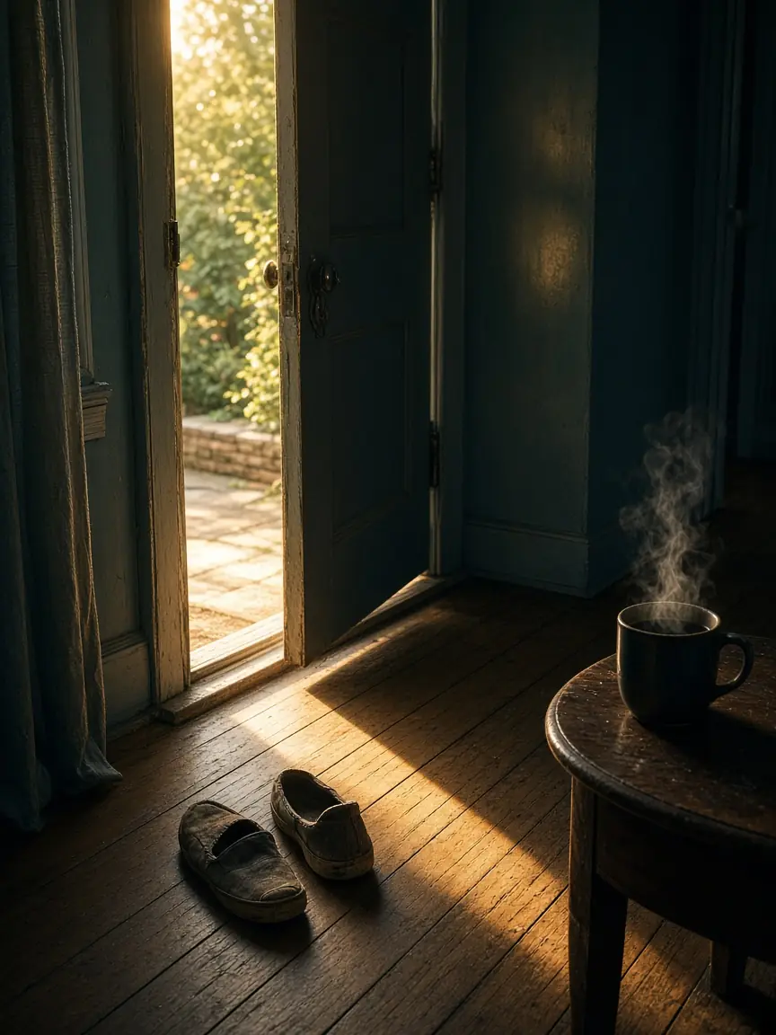 An open front door with golden morning light on a wooden floor, worn slippers and a steaming mug